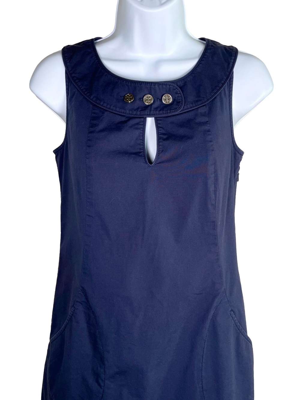 Tory Burch Navy Shift Dress Silver Logo Buttons Pockets Size 2 - Picture 4 of 8